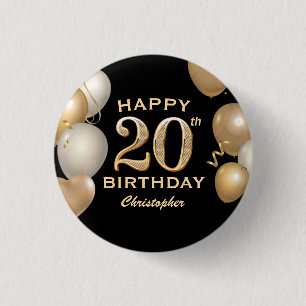 20th Birthday Party Black and Gold Balloons 3 Cm Round Badge