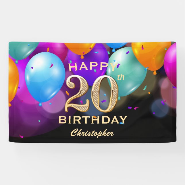 20th Birthday Party Black and Gold Balloons Banner (Horizontal)