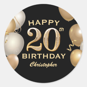 20th Birthday Party Black and Gold Balloons Classic Round Sticker