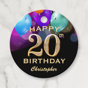 20th Birthday Party Black and Gold Balloons Favour Tags