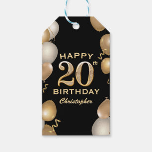 20th Birthday Party Black and Gold Balloons Gift Tags
