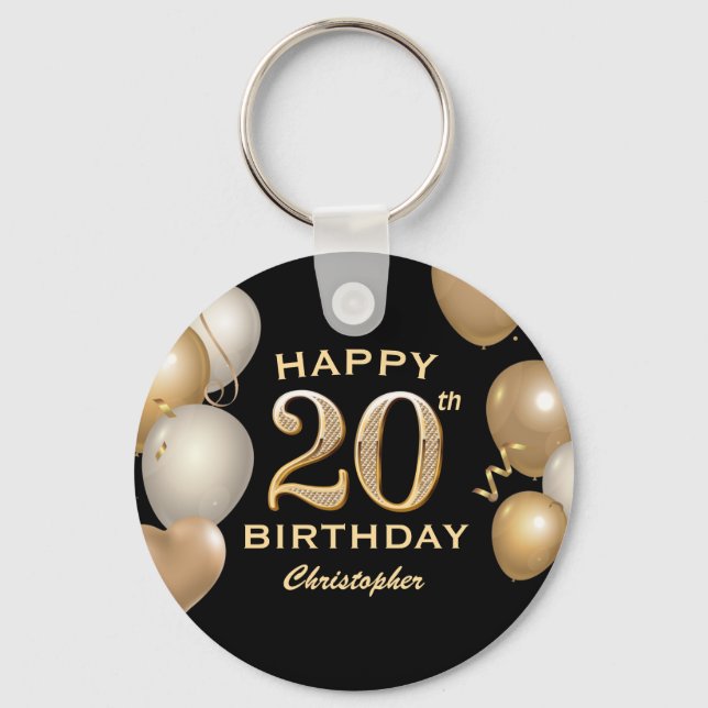 20th Birthday Party Black and Gold Balloons Key Ring (Front)