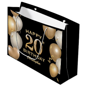 20th Birthday Party Black and Gold Balloons Large Gift Bag