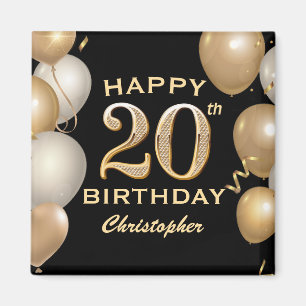 20th Birthday Party Black and Gold Balloons Magnet