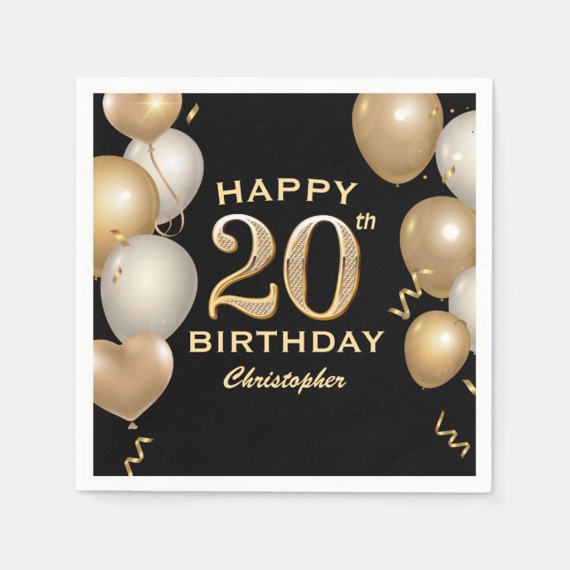 20th Birthday Party Black and Gold Balloons Napkin (Front)