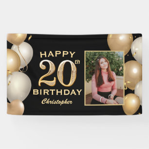 20th Birthday Party Black and Gold Balloons Photo Banner