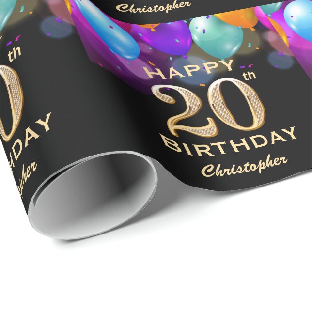 20th Birthday Party Black and Gold Balloons Wrapping Paper (Roll Corner)