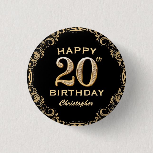 20th Birthday Party Black and Gold Glitter Frame 3 Cm Round Badge (Front)