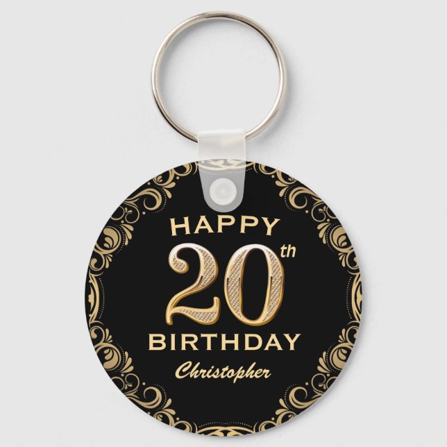 20th Birthday Party Black and Gold Glitter Frame Key Ring (Front)