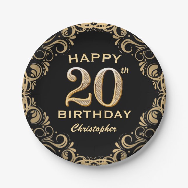 20th Birthday Party Black and Gold Glitter Frame Paper Plate (Front)