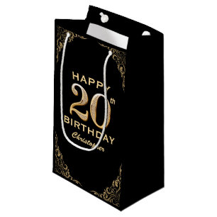 20th Birthday Party Black and Gold Glitter Frame Small Gift Bag