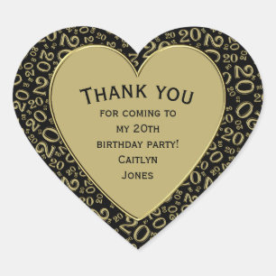 20th Birthday Party Black and Gold Pattern Heart Sticker