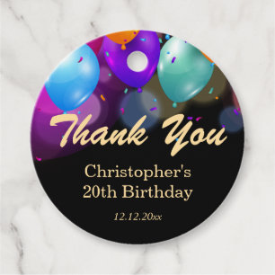 20th Birthday Party Black Gold Balloons Thank You Favour Tags