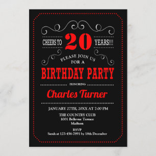 20th Birthday Party - Black Red White Invitation