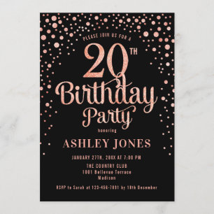 20th Birthday Party - Black & Rose Gold Invitation
