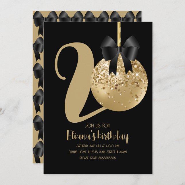 20th Birthday Party Cake Pop Black Invitation (Front/Back)