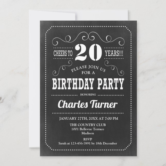 20th Birthday Party - Chalkboard Black White Invitation (Front)