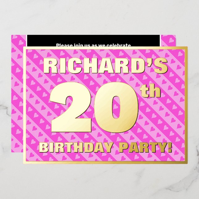 20th Birthday Party — Fun Pink Hearts and Stripes (Front/Back)