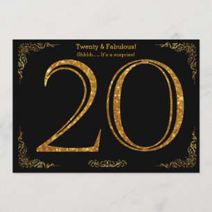 20th Birthday party,Gatsby styl,black gold glitter Invitation