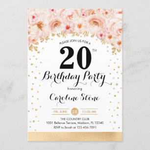 20th Birthday Party - Gold Flowers Invitation