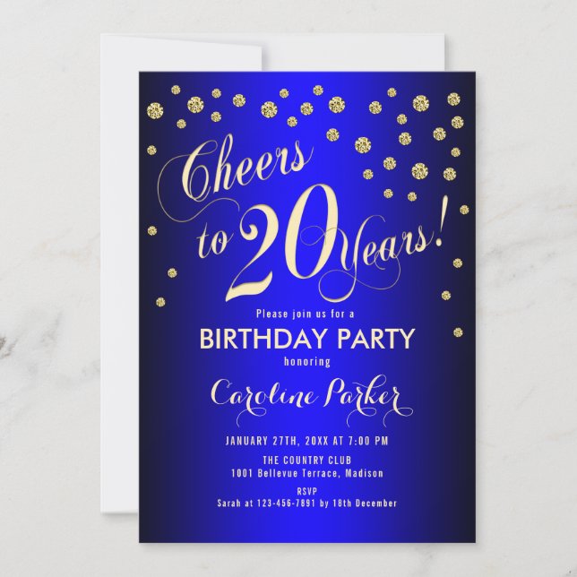 20th Birthday Party - Gold Royal Blue Invitation (Front)
