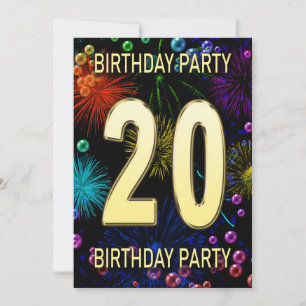 20th Birthday Party Invitation Fireworks Bubbles