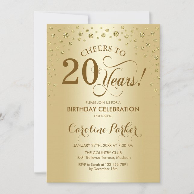 20th Birthday Party Invitation - Gold (Front)