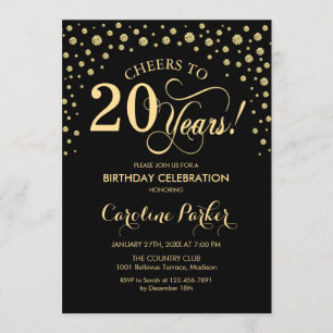20th Birthday Party Invitation - Gold Black