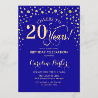 20th Birthday Party Invitation - Gold Royal Blue