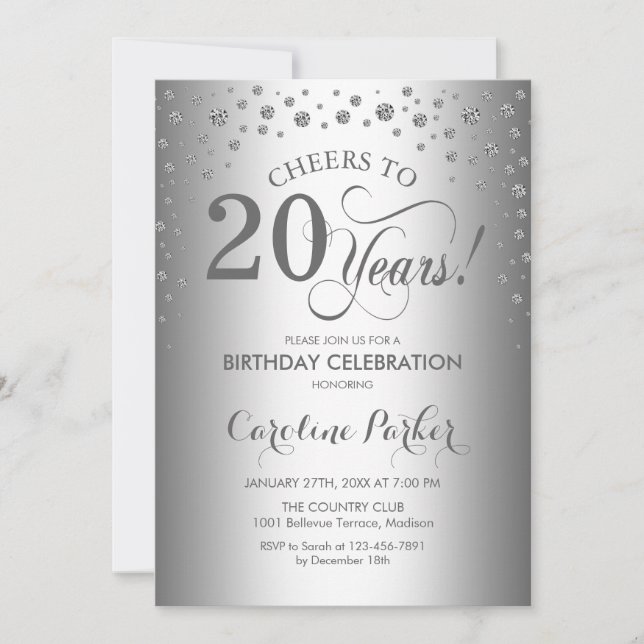 20th Birthday Party Invitation - Silver (Front)