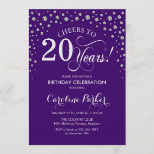 20th Birthday Party Invitation - Silver Purple
