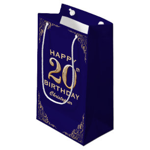 20th Birthday Party Navy Blue and Gold Glitter Small Gift Bag