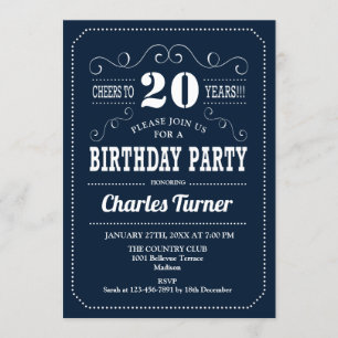 20th Birthday Party - Navy White Invitation