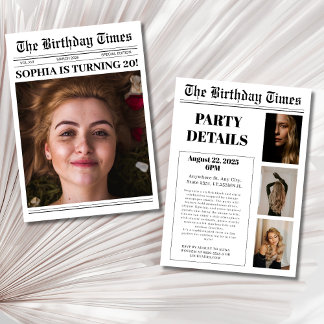 20th Birthday party Newspaper Cover Photo Invitation