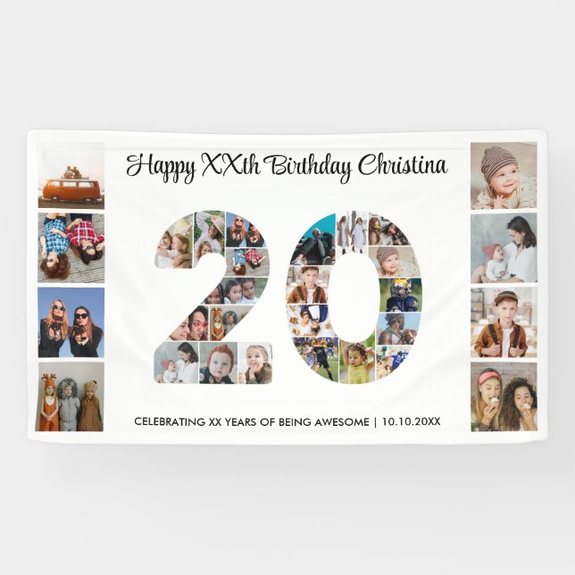 20th Birthday Party Number 20 Photo Collage Banner (Horizontal)