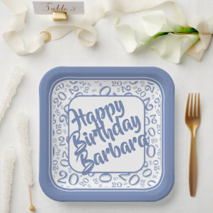 20th Birthday Party Number Pattern Blue White Paper Plate