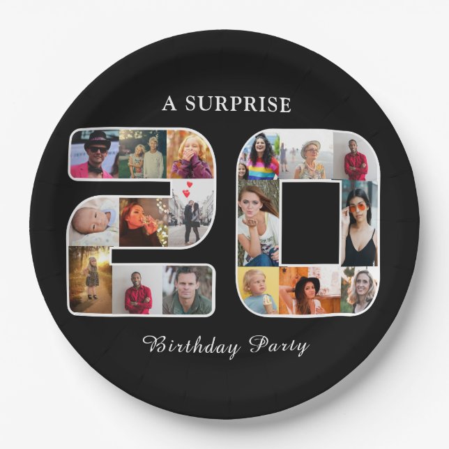 20th Birthday Party Photo Collage Black Paper Plate (Front)