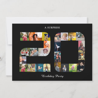 20th Birthday Party Photo Collage Black White Invitation