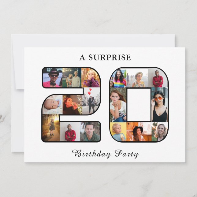 20th Birthday Party Photo Collage Black White Invitation (Front)