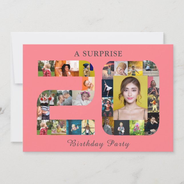 20th Birthday Party Photo Collage Blush Pink Grey Invitation (Front)