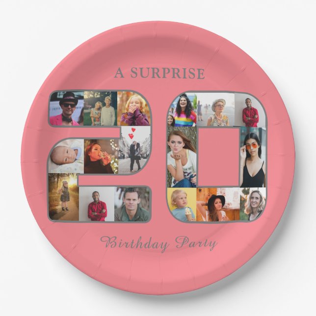 20th Birthday Party Photo Collage Blush Pink Paper Plate (Front)