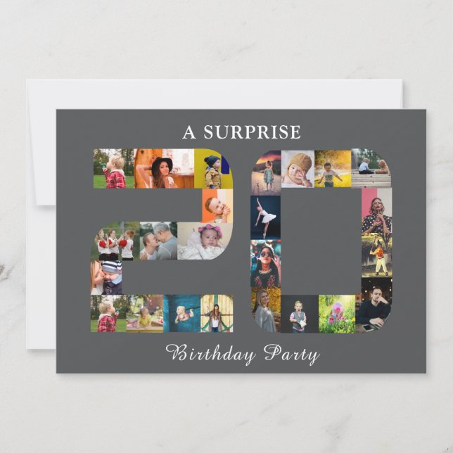 20th Birthday Party Photo Collage Modern Grey Invitation (Front)