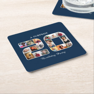20th Birthday Party Photo Collage Powder Dark Blue Square Paper Coaster