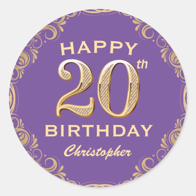 20th Birthday Party Purple and Gold Glitter Frame Classic Round Sticker (Front)