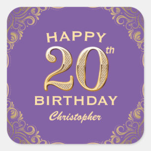 20th Birthday Party Purple and Gold Glitter Frame Square Sticker