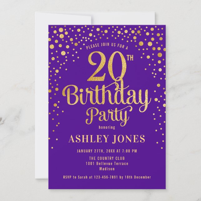 20th Birthday Party - Purple & Gold Invitation (Front)