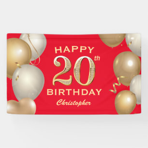 20th Birthday Party Red and Gold Balloons Banner