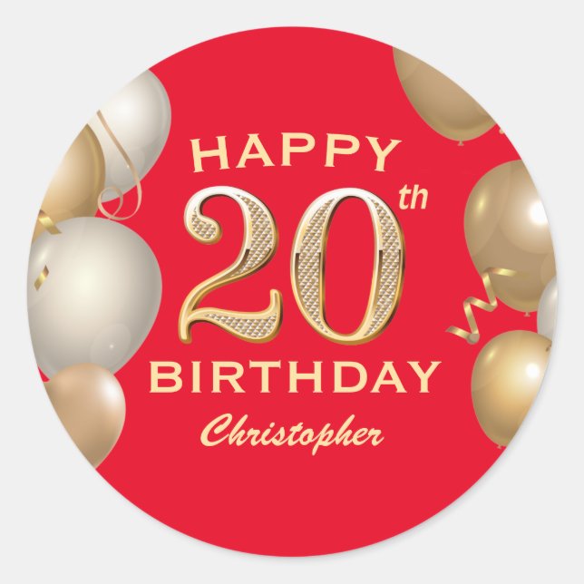 20th Birthday Party Red and Gold Balloons Classic Round Sticker (Front)