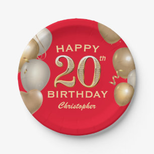 20th Birthday Party Red and Gold Balloons Paper Plate