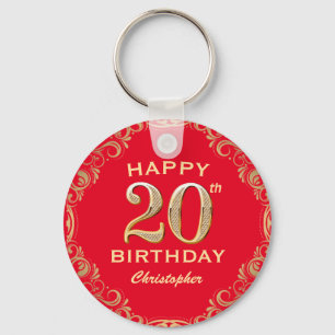 20th Birthday Party Red and Gold Glitter Frame Key Ring